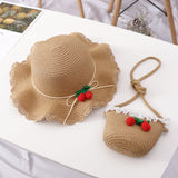 Girl Cherry Straw Hat Bag Set Princess Hat Beach Hat Sun Hat