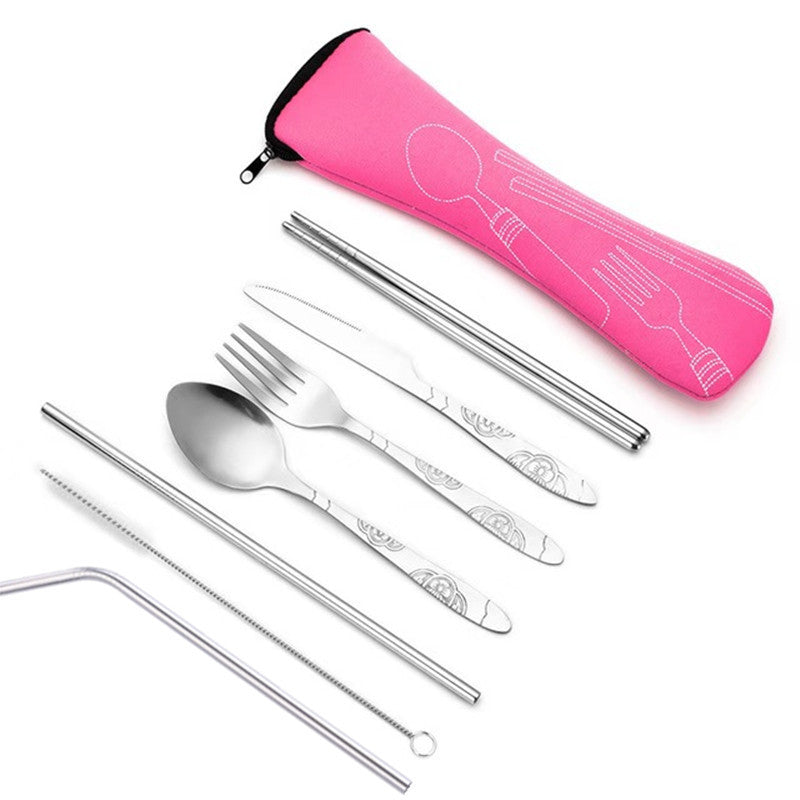 Stainless Steel Cutlery Set Travel Portable Knife, Fork, Spoon And Chopsticks Seven-Piece Straw Set