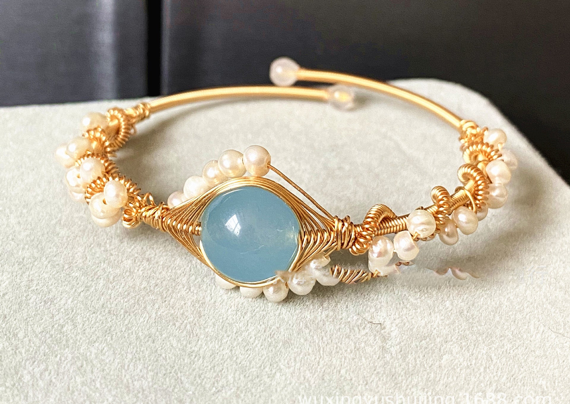 14K Gold Wrapped Handmade Bracelet Hailan Baohai Sapphire Natural White Pearl Bracelet - Minihomy