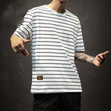 Striped Short-sleeved T-shirt Men's Bottoming Shirt Plus Size Clothes Loose Tide Ins Half Sleeve