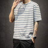 Striped Short-sleeved T-shirt Men's Bottoming Shirt Plus Size Clothes Loose Tide Ins Half Sleeve