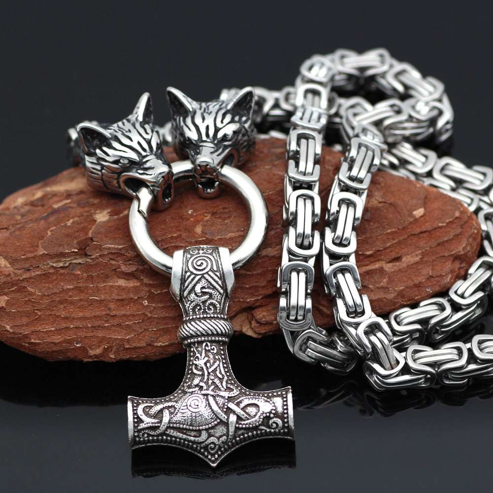 Explosive Viking Wolf Head Hammer Trendy Male Amulet Stainless Steel Emperor Chain Jewelry - Minihomy