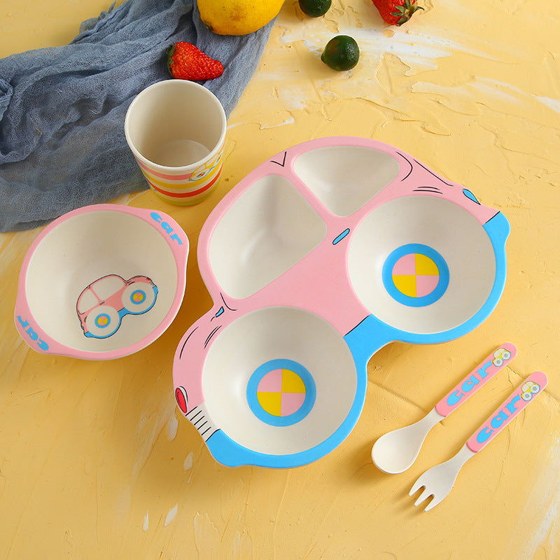 Children'S Bamboo Fiber Tableware Kindergarten Children'S Eating Grid Plate Household Cartoon Bowl Spoon Fork Cup Set - Minihomy