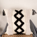 Tufted Embroidered Square Pillow, Embroidered Back Grid Tassel Sofa Waist Backrest