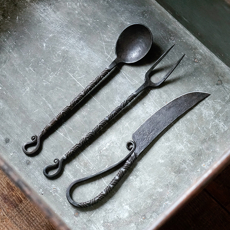 Three-Piece Set Of Hand-Forged And Twisted Vintage Tableware