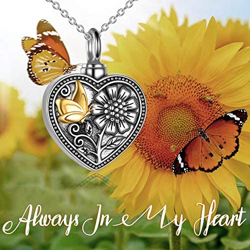 Sterling Silver Sunflower Butterfly Urn Necklace for Ashes Memorial Keepsake