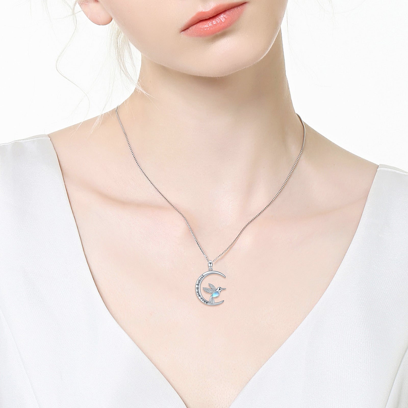 Sterling Silver Crescent Moon Hummingbird Pendant Inspirational Necklace Moonstone Bird Necklace Engrave Strong Brave Free Hummingbird Gift