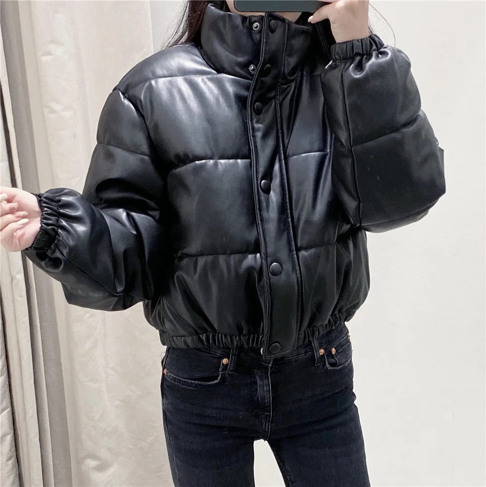 Winter Women Black PU Leather Down Jackets