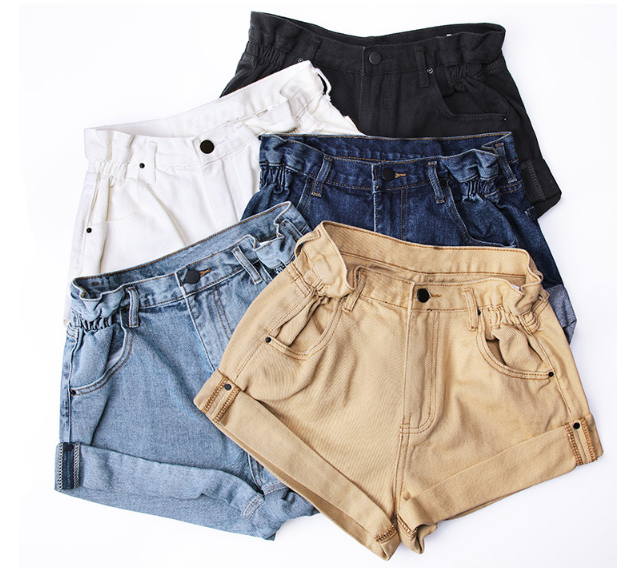 High waist denim shorts female elastic waist cuff wide leg pants shorts