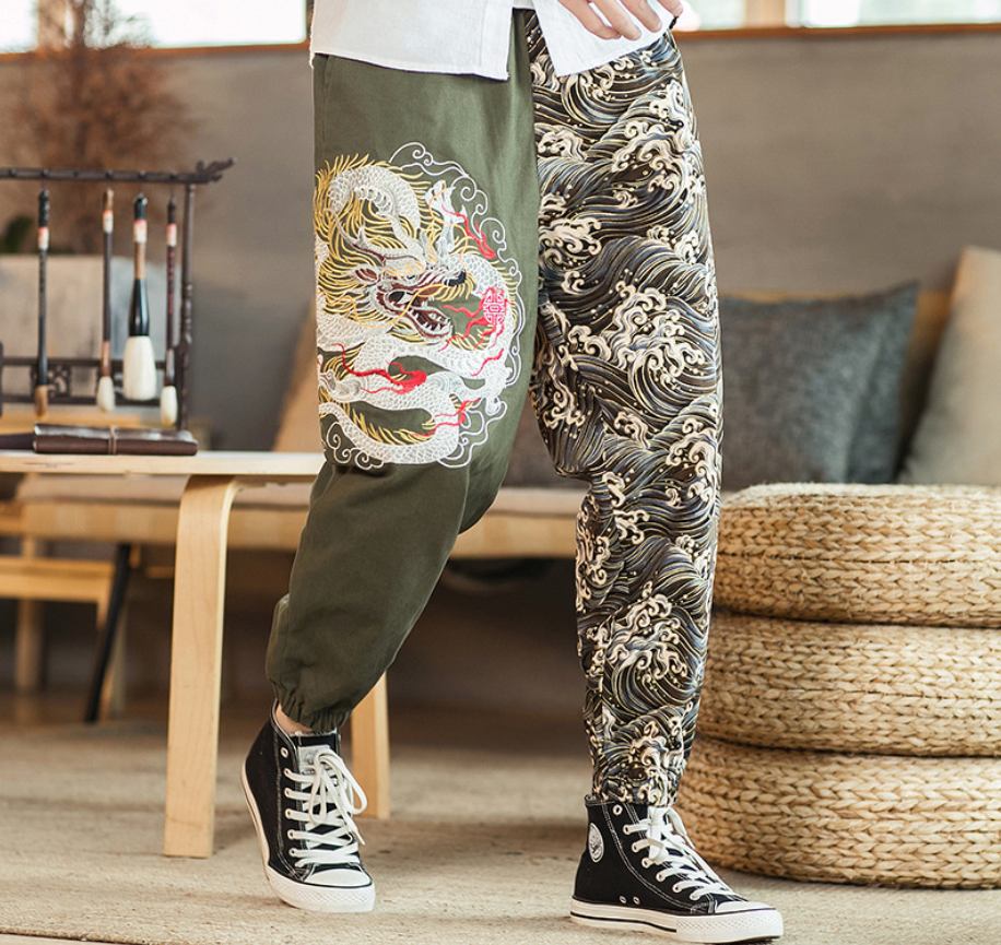 Embroidered Silver Dragon Trousers - Minihomy