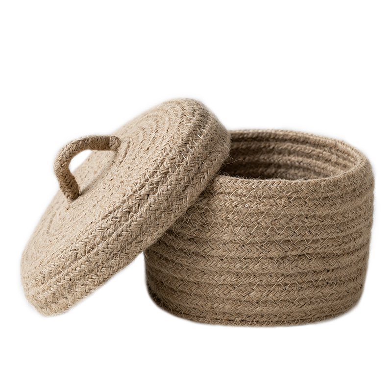 Runjia Home Handmade Linen Woven Rope Coaster Japanese Simple Storage Basket Circular Straw Storage With Handle