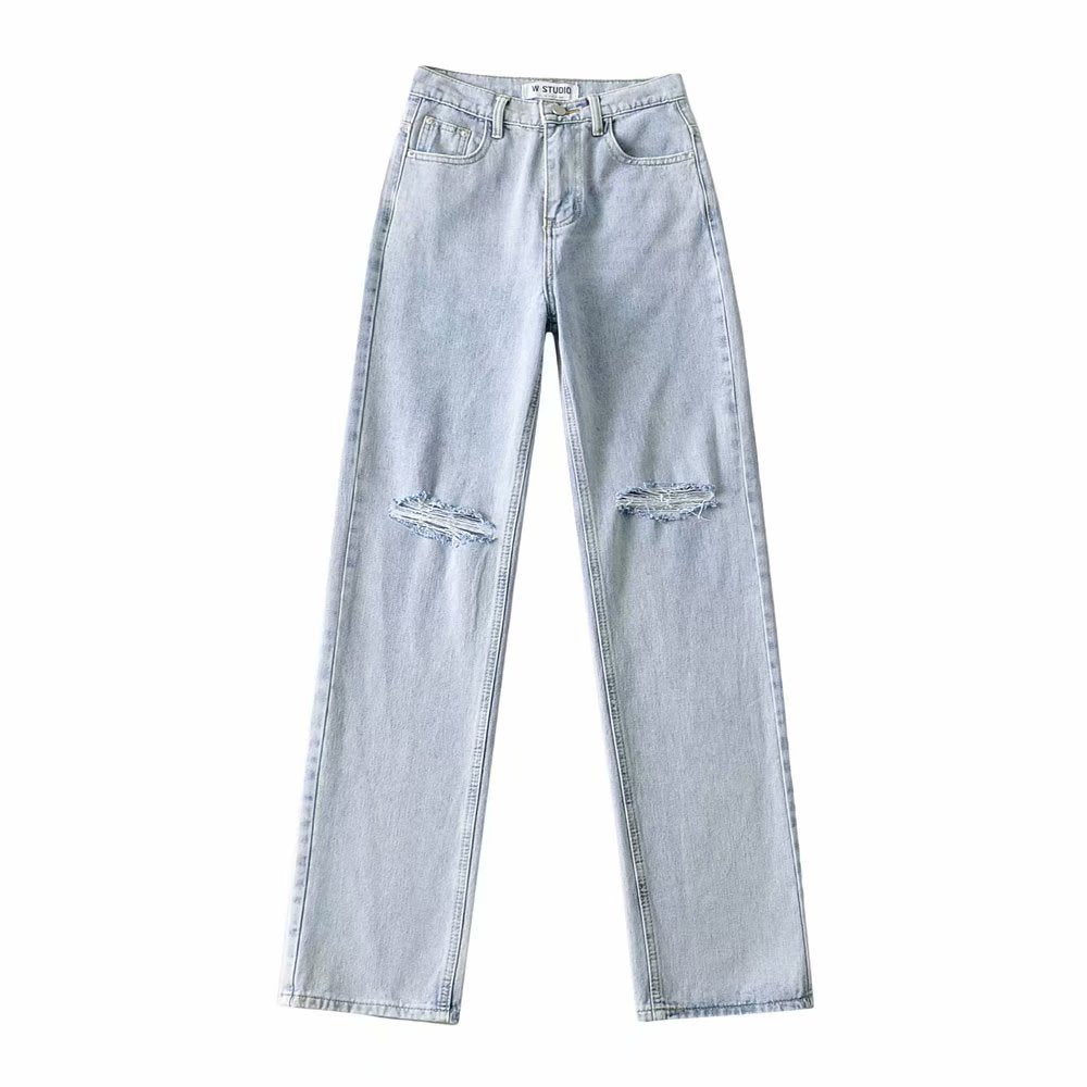 Double-knee Holes Rolled Edge Mopping Jeans
