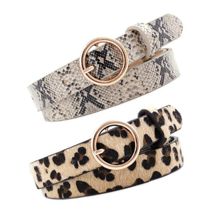 Round button leopard Gold Ring Buckle Belts for Ladies