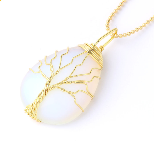 Natural Stone Pendant Gold Color Wire Wrap Gem - Minihomy