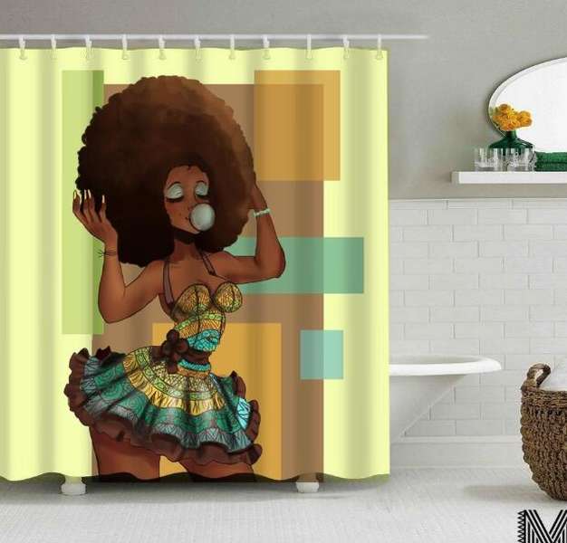 Art Design Graffiti African Girl with Black Hair with Modern Building Shower Curtain for Bathroom Decor - Minihomy