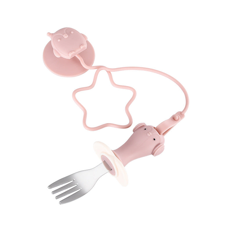 Infant Stainless Steel Training Spoon Fork Silicone Anti-drop for Children's - Minihomy