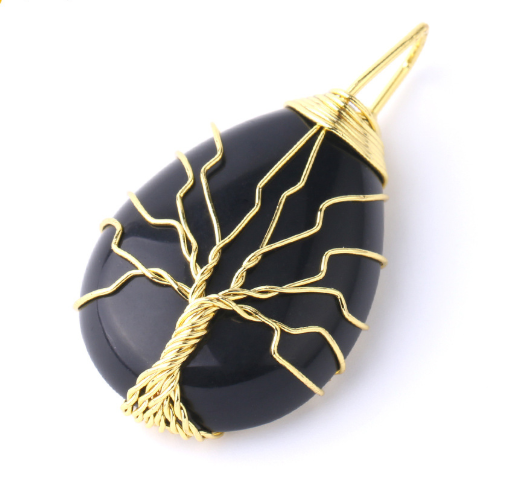 Natural Stone Pendant Gold Color Wire Wrap Gem - Minihomy