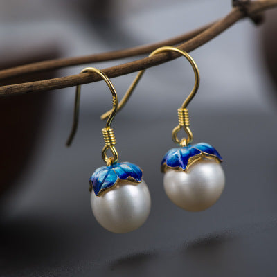 Cloisonne 925 Silver Earrings Sukhothai gold jewelry design freshwater pearl earrings  lotus female - Minihomy