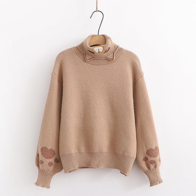 Women's Autumn Half Turtleneck Kitten Embroidered Knit Sweater