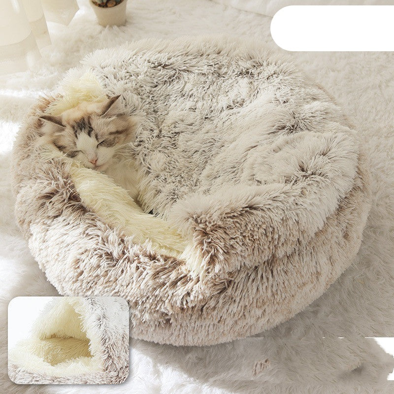 Pet Bed Round Plush Warm Bed House Soft Long Plush Bed  2 In 1 Bed - Minihomy