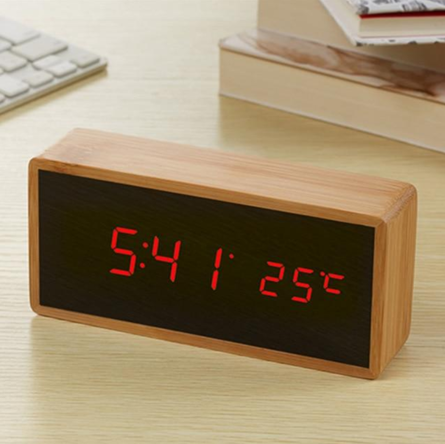 Bamboo Wooden Mirror Alarm Clocks Temperature Sounds Control Desktop Clock