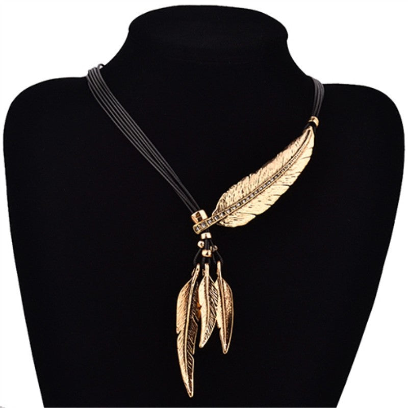 3 Colors Black Rope Multilayer Feather Leaf Tassels Pendant Necklace - Minihomy