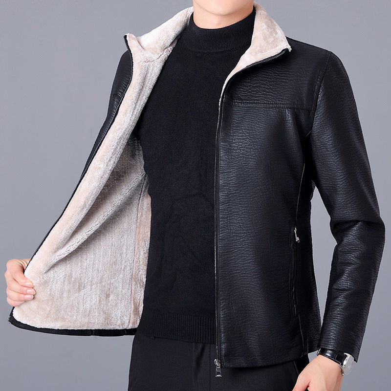 Men Stand Up Collar Plus Velvet Leather Casual