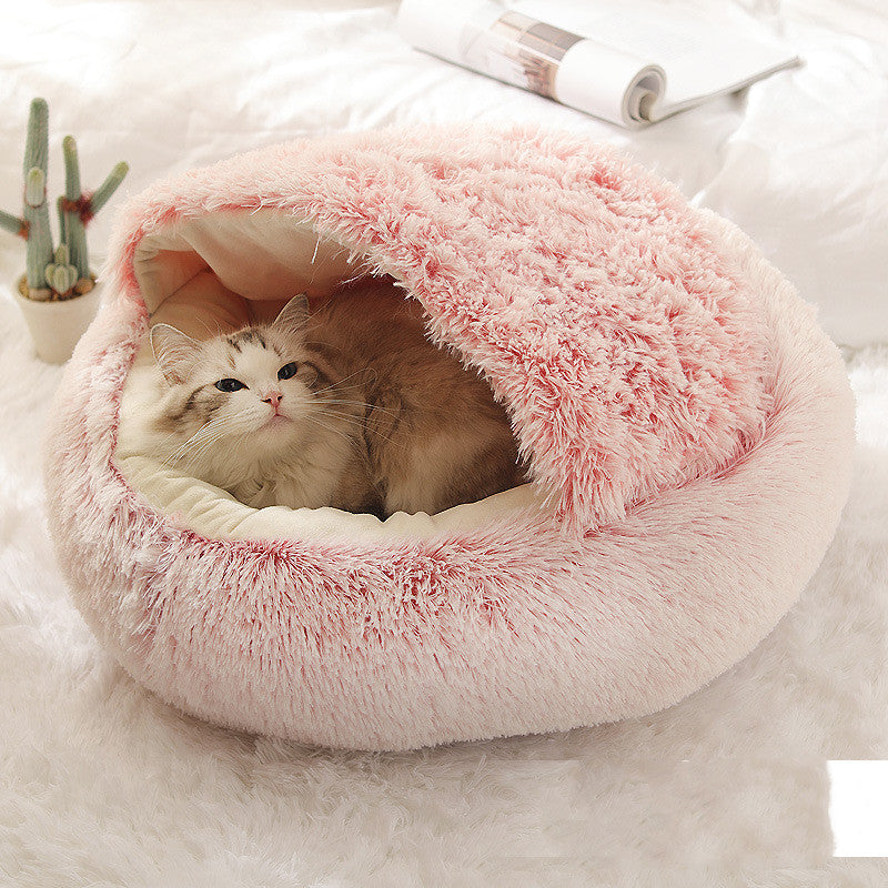 Pet Bed Round Plush Warm Bed House Soft Long Plush Bed  2 In 1 Bed - Minihomy