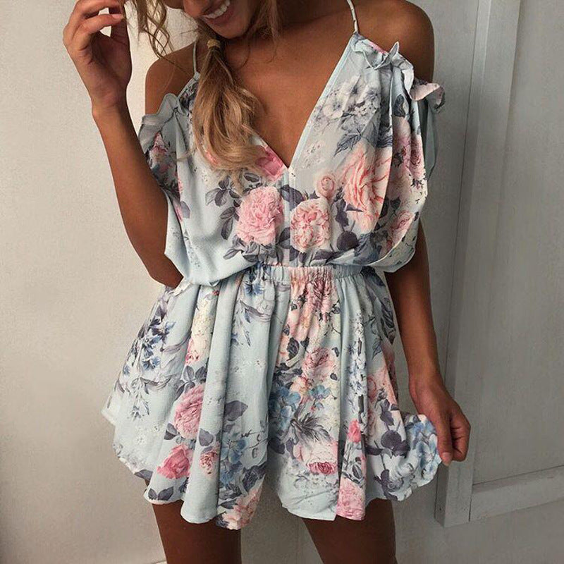 V-neck printed sling jumpsuit shorts