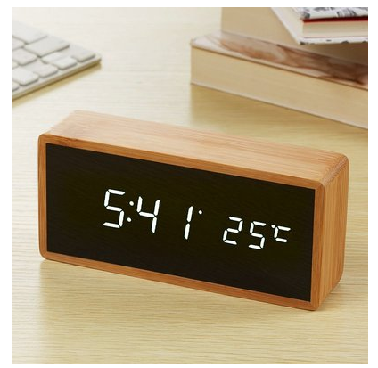 Bamboo Wooden Mirror Alarm Clocks Temperature Sounds Control Desktop Clock