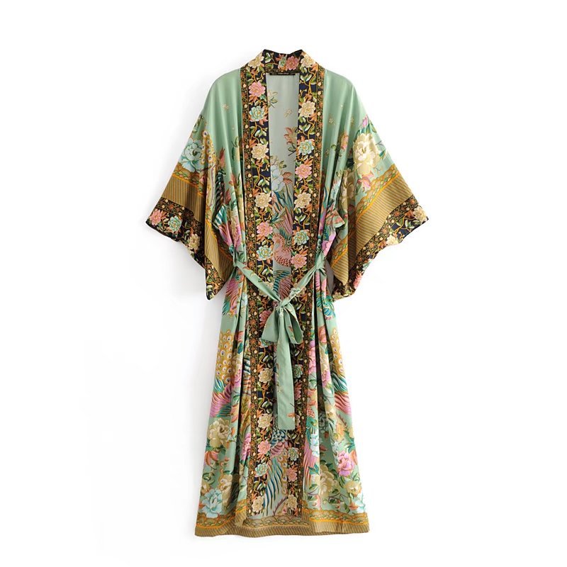 Women's Peacock Floral Print Bat Sleeve Beach Bohemian Kimono