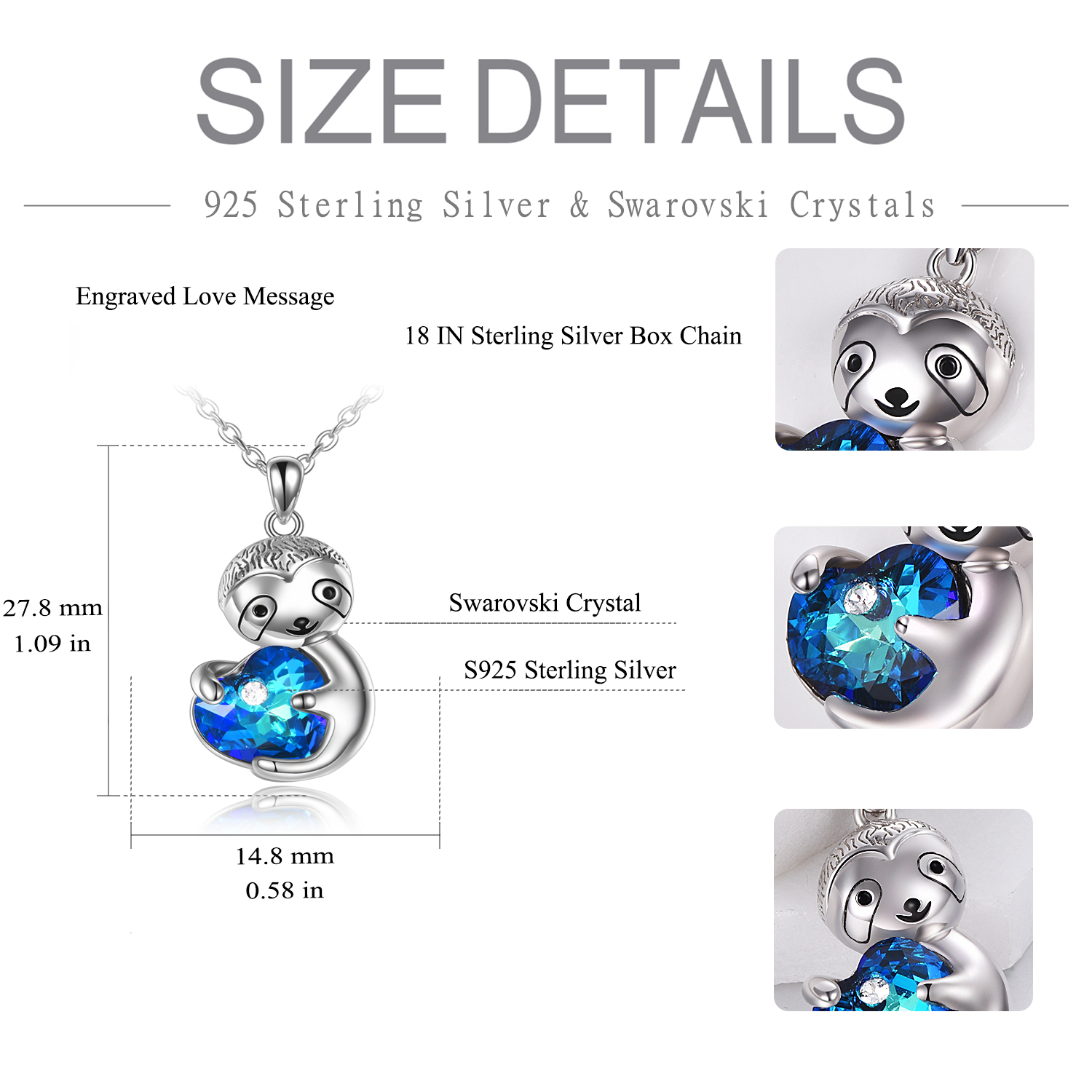 Sloth Crystal Pendant Necklace Sterling Silver Animal Jewelry Gift