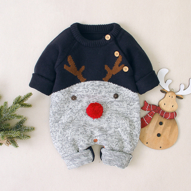 Boys and girls knitted cartoon deer romper Christmas sweater - Minihomy