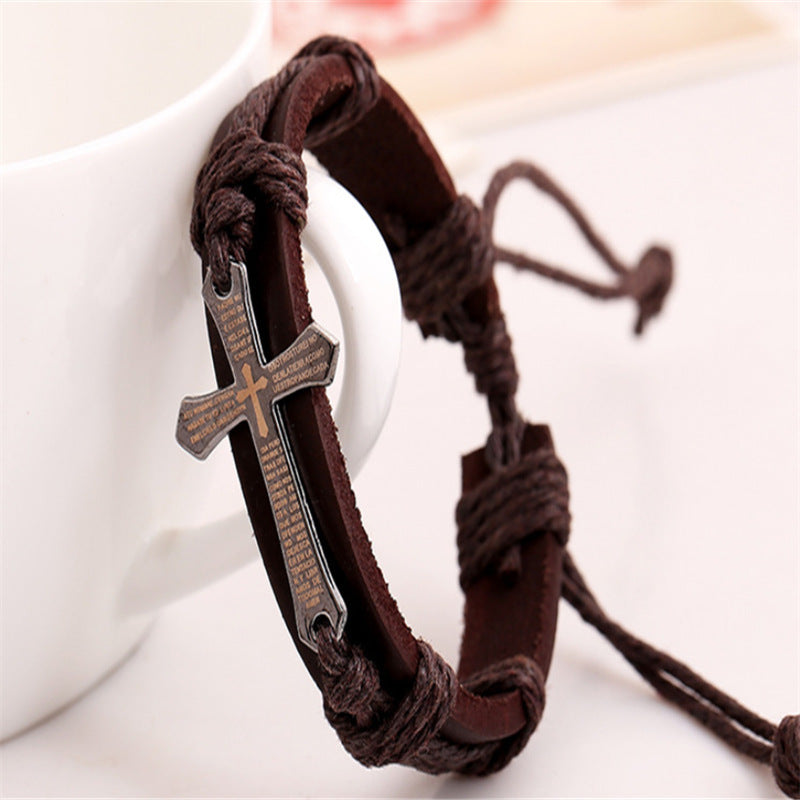 Vintage Men's Cross Bible Scripture Leather Bracelet