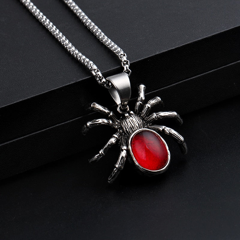 Mens Punk Vintage Retro Black Widow Spider Pendant Necklace Gothic Red Large Crystal Male Biker Goth Jewelry Necklace Men - Minihomy