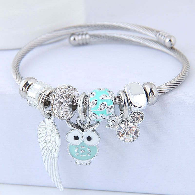 Beaded Owl Angel Wings Pendant Stainless Steel Bracelet - Minihomy