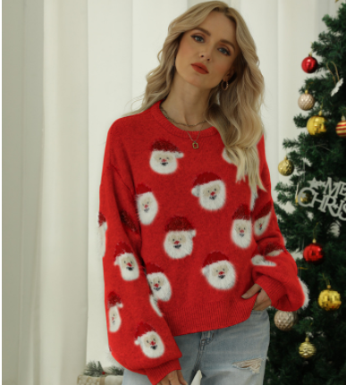 Women's Simple Santa Head Printed Knit Sweater