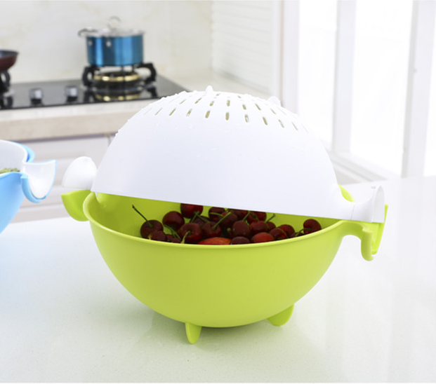 Multifunctional rotary drain basket plastic round double fruit basket washing basket - Minihomy