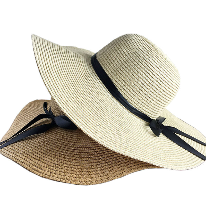 Summer seaside vacation beach hat bow ribbon female sunscreen straw hat folding