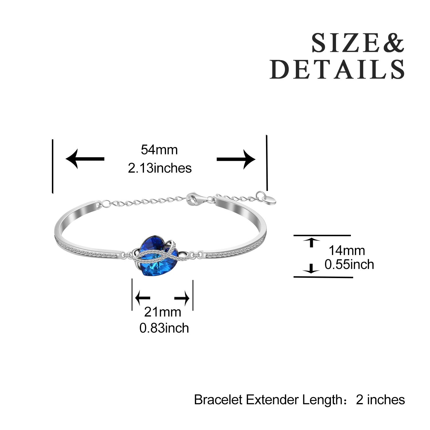 Jewelry Sterling Silver Love Heart Bangle Bracelet for Women with Crystal