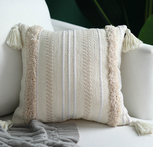 Beige Grey Cotton Cushion Cover with Tassels Strip Embroidery Home Decoration Pillow Cover - Minihomy