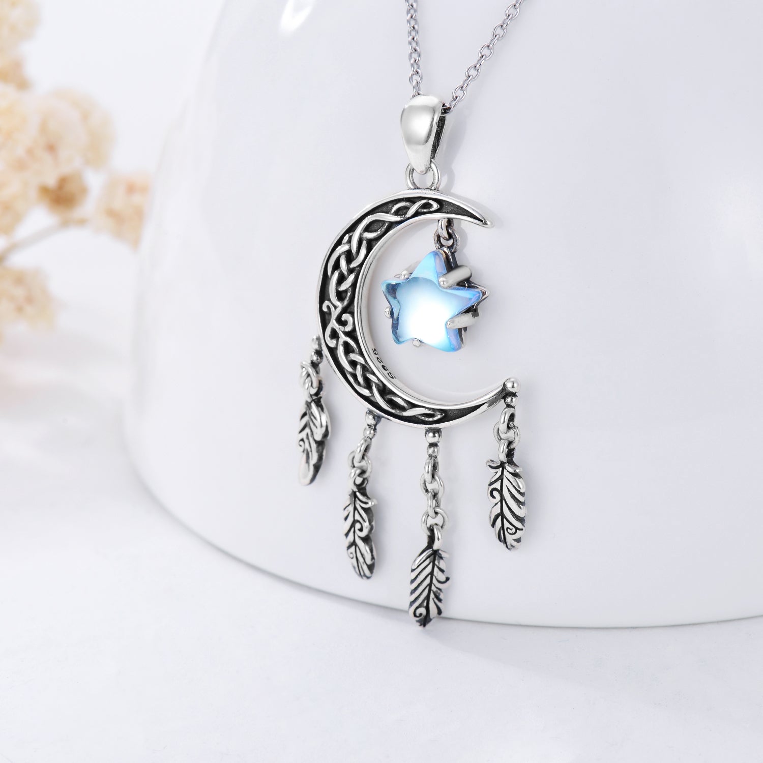 Sterling Silver Celtic Dream Catcher Necklace for Women Moon and Stars Necklace