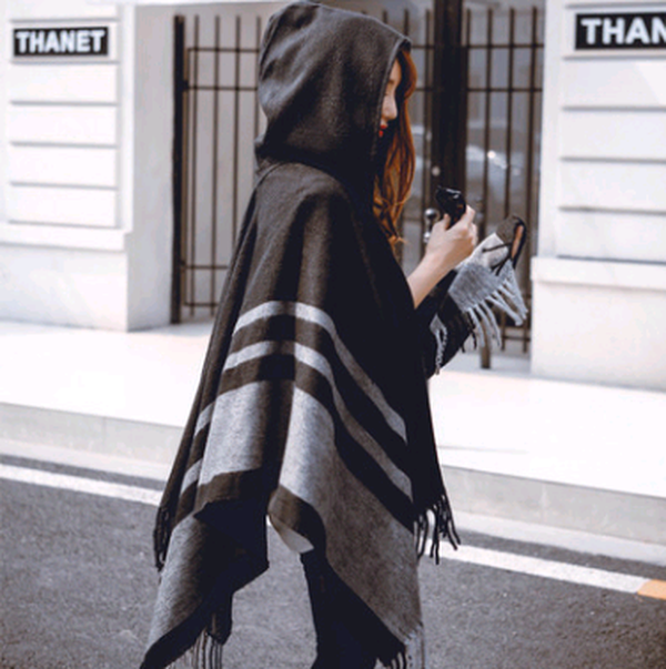 Autumn and winter ladies cloak shawl hooded warm tassel scarf - Minihomy