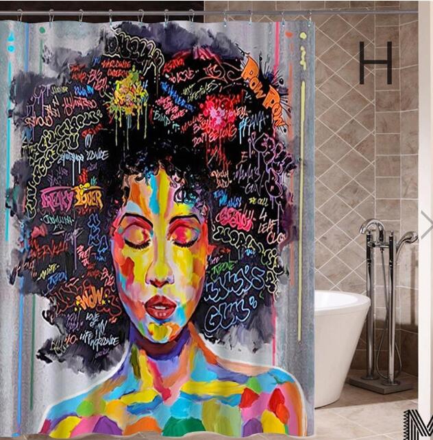 Art Design Graffiti African Girl with Black Hair with Modern Building Shower Curtain for Bathroom Decor - Minihomy