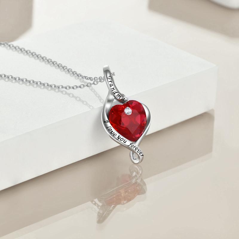 Sterling Silver with Red Heart-Shaped Crystal Grandma Necklace