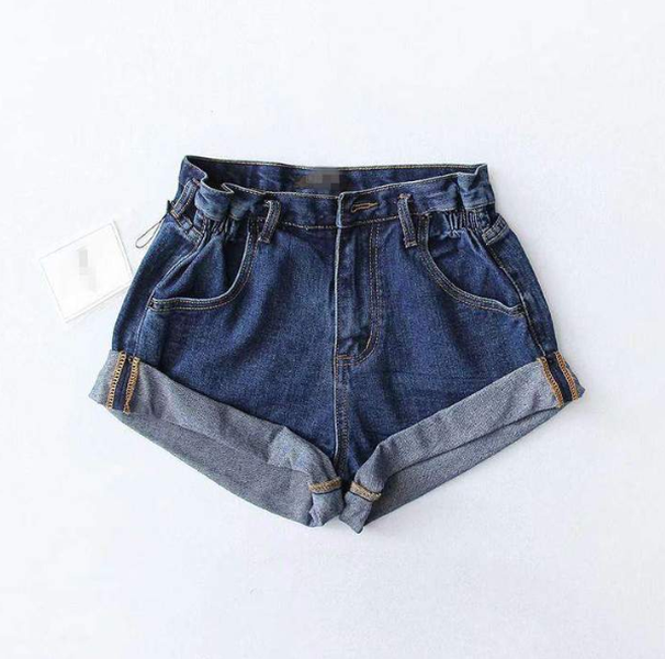 High waist denim shorts female elastic waist cuff wide leg pants shorts - Minihomy