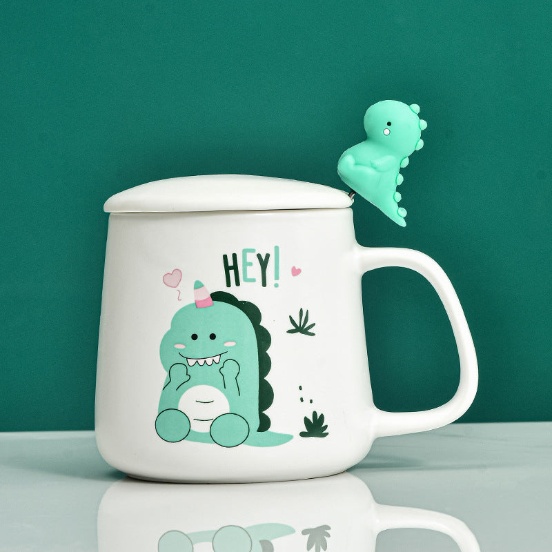 Cute Cartoon Dinosaur Mug With Lid Spoon Children Drinking Cup Ceramic - Minihomy