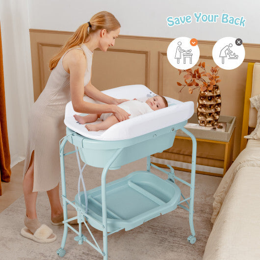 Folding Baby Changing Table with Bathtub and 4 Universal Wheels-Blue - Color: Blue