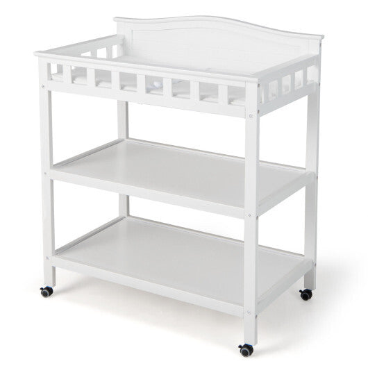 Mobile Changing Table with Waterproof Pad and 2 Open Shelves-White - Color: White