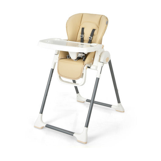 Foldable Baby High Chair with Double Removable Trays and Book Holder-Beige - Color: Beige